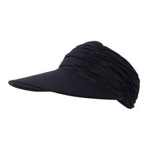 Detail of black cooling sun visor showing elastic pleated fabric and wide protective brim