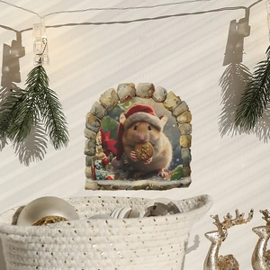 3D Christmas mouse hole wall sticker featuring a cute hamster with cookies and a red hat