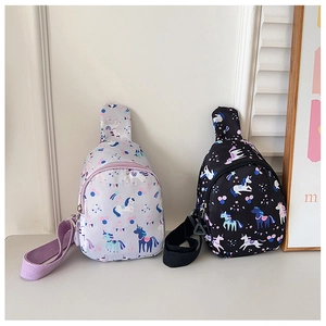 Detail of kids cartoon unicorn chest bags in purple and black with adjustable straps