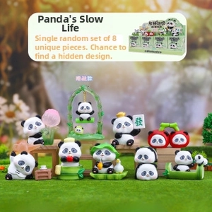 Panda series blind box figurines displayed in a miniature outdoor garden setting