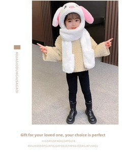 Detail of plush white rabbit ear hat and scarf set for children with moving ears