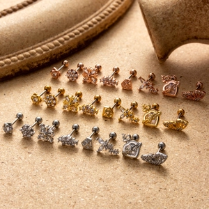 Surgical steel cartilage stud earrings with zircons in gold rose gold and silver finishes