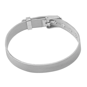Detailed close-up of a silver metal mesh watch band with an adjustable buckle and holes