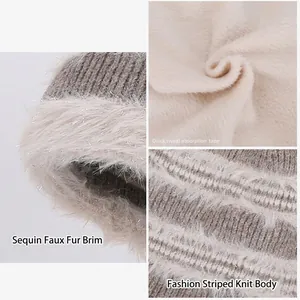 Winter striped knit beanie with sequined plush brim and warm fleece lining for women