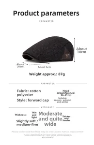 Detailed size chart for grey herringbone flat cap with dimensions and fabric specs