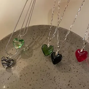 Heart Pendant Necklace Titanium Steel With Zebra Stripe Lampwork Glass Minimalist Clavicle Chain Accessories For Women