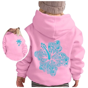 Kids bright pink hoodie with Chasing Sunsets floral design on back and small chest logo