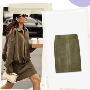 Elegant army green suede midi pencil skirt in a minimalist straight silhouette design