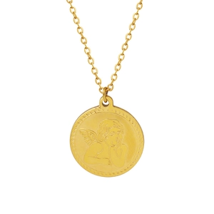 Collana con medaglia dorata e pendente con angelo a rilievo e catenina sottile