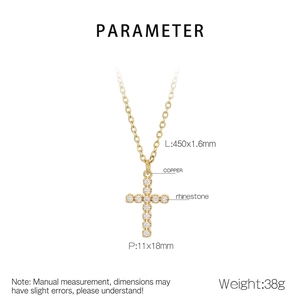 Detailed specs of gold cross necklace with rhinestones and copper chain dimensions