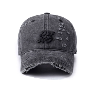 Vintage dark gray distressed denim baseball cap with 3D embroidery and frayed brim