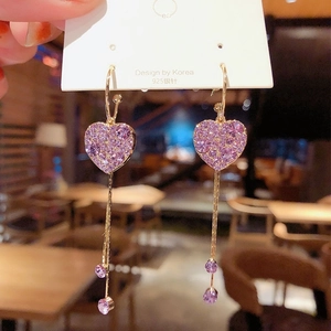 Boucles d'oreilles longues à pompon cœur de style coréen avec strass violets sur argent 925