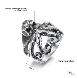 Detailed view of vintage stainless steel octopus skull ring with 28mm width specs