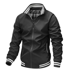 Men's black windbreaker jacket with striped collar and plaid lining on white background