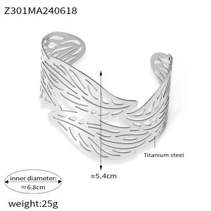 Detailed view of silver hollow leaf titanium steel cuff with size and weight metrics
