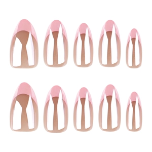 Pink French almond press on nails with high-gloss finish and shimmering glitter coating