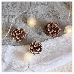 Detail of warm white dandelion-style LED string lights on plush Christmas tree skirt