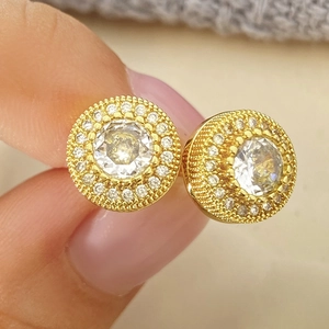 Round Halo Stud Earrings Copper AAA Cubic Zirconia Inlaid 18K Gold Plated Milgrain Edge Classic Jewelry For Women