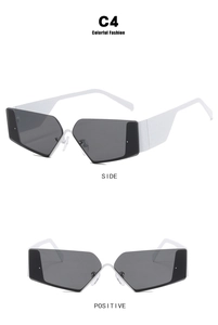 Detail view showing side and front of white Y2K frameless sunglasses with grey lenses