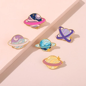 5-piece set of creative enamel planet brooches with golden metal edges and dreamy celestial patterns