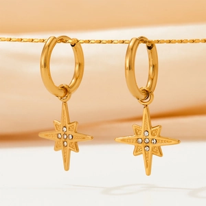 Macro view of gold plated star earrings with micro-set zircons on silk background