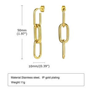 Detailed view of gold stainless steel chain earrings showing 50mm length and 10mm width