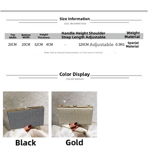 Detailed size chart for acrylic evening clutch with strap length and dimensions