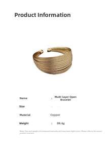 Detailed view of 6x6 CM golden multi-layer open bangle showing weight and copper material