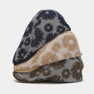 Three colors of retro daisy pattern octagonal caps in navy, beige, and coffee brown