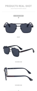 Front and side views of square frame sunglasses with double bridge and red temple detail