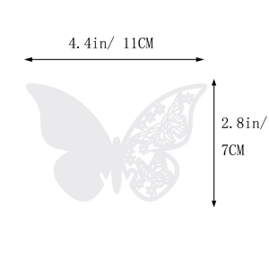 Detailed dimension guide for white butterfly place card with laser-cut hollow pattern