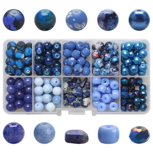 Blue DIY bead set with 10 styles of glass and stone beads in a plastic storage box
