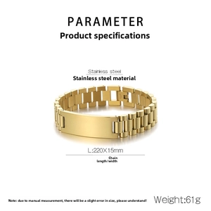 Detailed specs of the gold stainless steel watch band bracelet measuring 220mm by 15mm