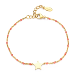 Detail of gold stainless steel star pendant bracelet with coral beads on white background