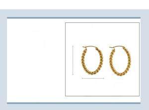 Detailed dimensions of gold twist oval hoop earrings in stainless steel with 18k plating