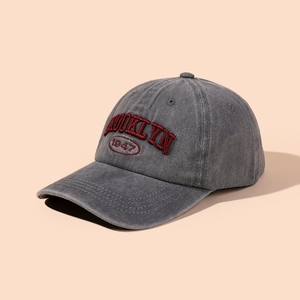 Retro washed charcoal baseball cap with red Brooklyn 1947 embroidery on front