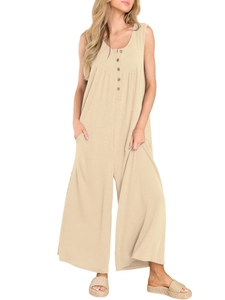 Close-up of beige sleeveless wide-leg jumpsuit with ribbed texture and wood-style buttons
