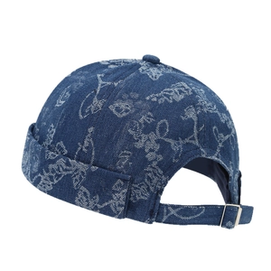 Retro washed denim Miki Hat with hand-drawn graffiti print and adjustable metal buckle