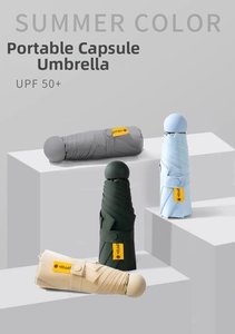 Mini capsule umbrellas in multiple colors with UPF 50+ protection on display