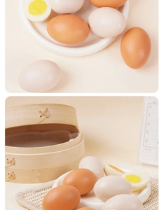 Realistic artificial boiled egg models displayed in a bamboo steamer and porcelain plate