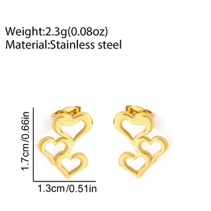 Detail view of 14K gold-plated stainless steel triple heart earrings showing dimensions