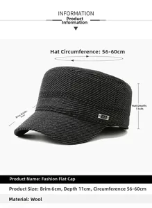 Especificaciones de tamaño detalladas para gorra de lana gris con hebilla metálica