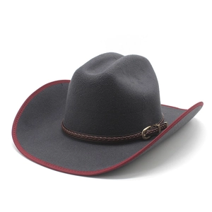 Men's dark grey felt cowboy hat with red stitched brim and brown woven leather band