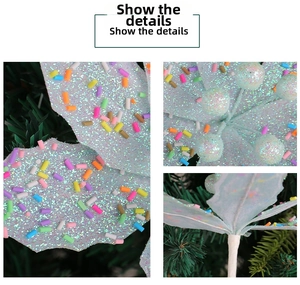 Detail view of light blue macaron Christmas flower with glitter and colorful candy beads