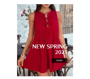 Detail of red sleeveless pleated dress featuring dual bow ties and hollow-out neckline