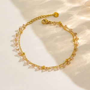 Bracelet double couche en acier inoxydable plaqué or 14K avec perles et cristaux