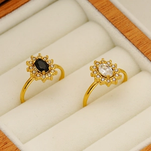 Vintage gold plated stainless steel ring set with black and white oval zircon stones