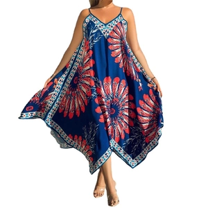 Women's V-neck floral printed maxi dress with irregular hem for beach vacation