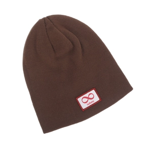 Close-up of a dark brown knitted beanie featuring a white Infinity logo patch on the front
