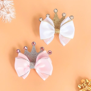 Glitter princess crown hair clips with satin bow ties for girls in pink and white